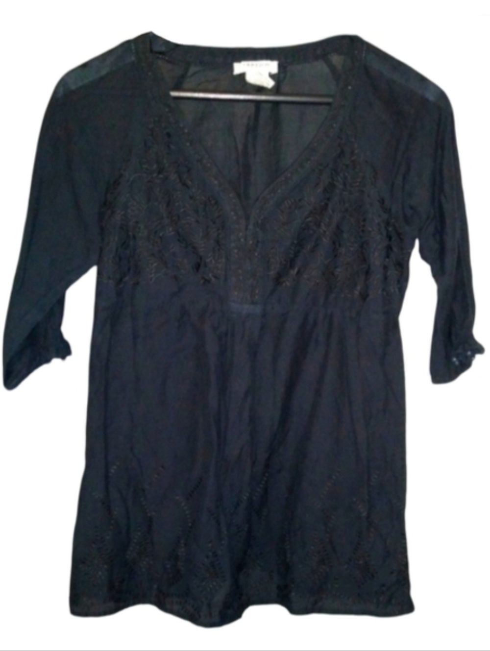 Vertigo Paris Black Floral Embroidery Fitted Silk Cotton Blend Blouse V Neck Top